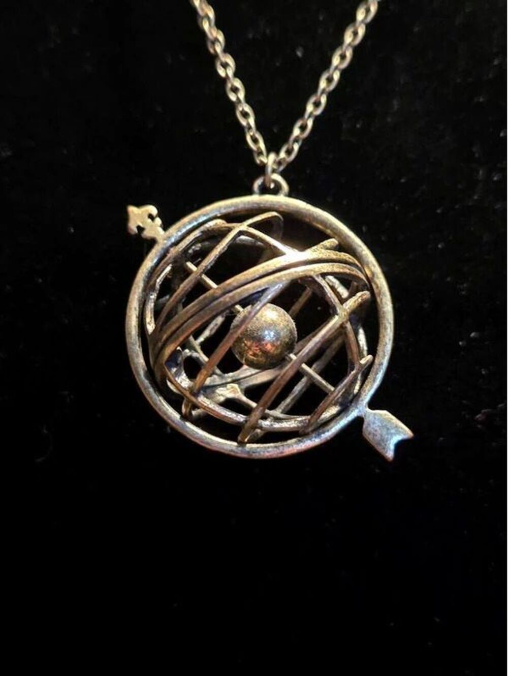 Vintage Brass Armillary Sphere Astronomical Globe Pendant Necklace with Arrow